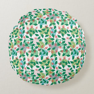 Tropical Green Leaf and Red Flower Pattern Round Pillow
