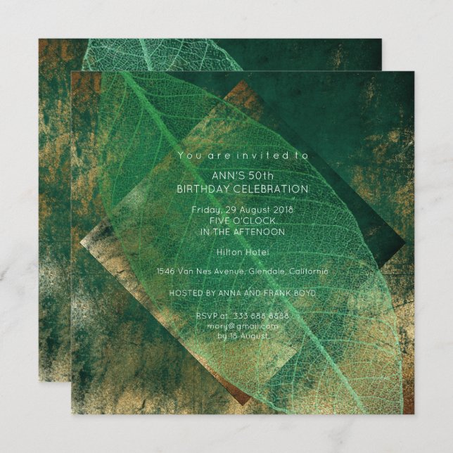 Tropical Green Leaf Distressed Gold Party Invitation (Front/Back)
