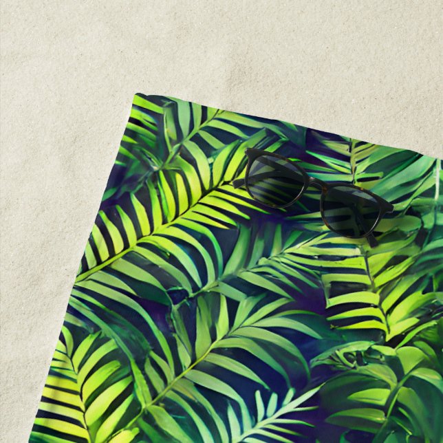 Tropical Green Leaf Fern Pattern Beach Towel (In Situ)
