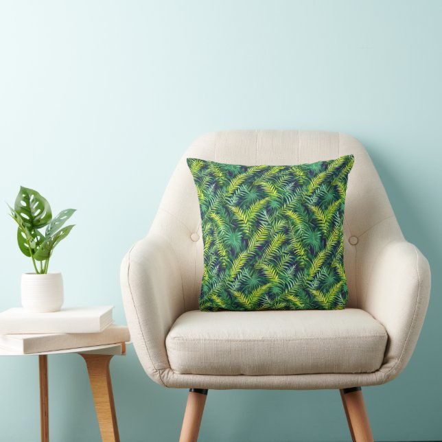 Tropical Green Leaf Fern Pattern Throw Pillow (Chair)