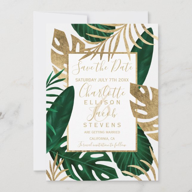 Tropical green leaf gold save the date wedding (Front)