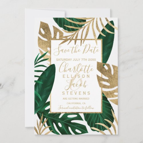 Tropical green leaf gold save the date wedding