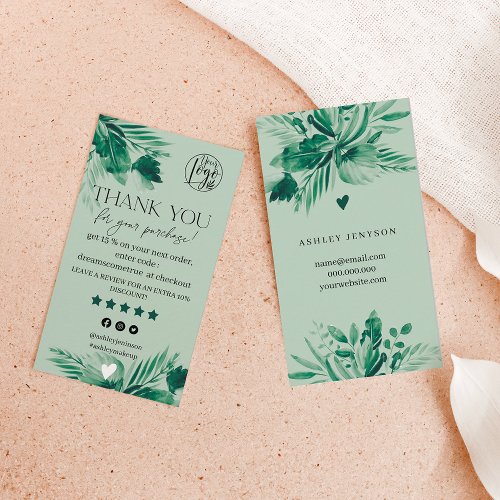 Tropical green leaf review order thank you business card