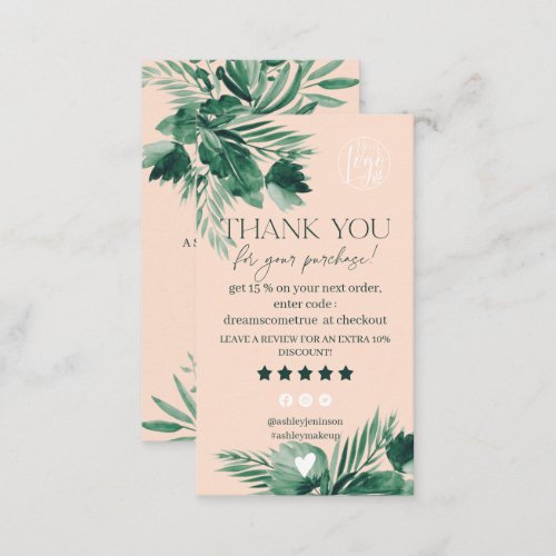 Tropical green leaf review order thank you business card
