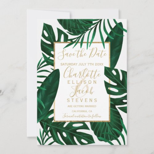 Tropical green leaf save the date wedding