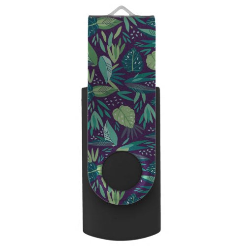 Tropical Green Leafs Deep Purple Background USB Flash Drive