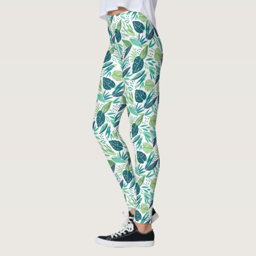 Tropical Green Leafs Pattern Leggings