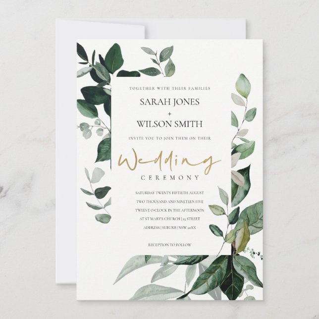 Tropical Green Leafy Capsule Fauna Wedding Invite (Front)