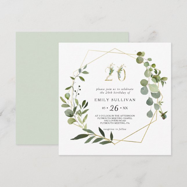 Tropical Green Leaves 20th Birthday Party Invitation (Front/Back)
