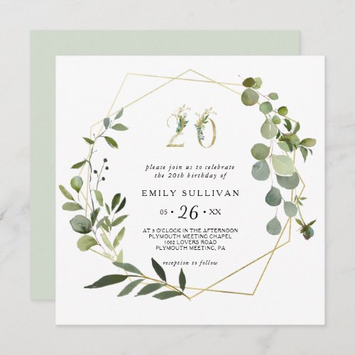 Tropical Green Leaves 20th Birthday Party Invitation