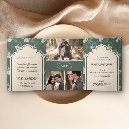 Tropical Green Leaves All in One Indian Wedding Tri_Fold Invitation
