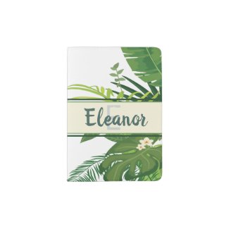 Tropical green leaves and flowers with monogram