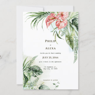 Tropical green leaves anthurium flowers wedding invitation