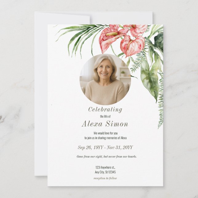 Tropical green leaves Anthurium Funeral Invitation (Front)