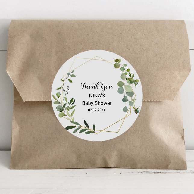 Tropical Green Leaves Baby Shower Thank you Classic Round Sticker (Creator Uploaded)