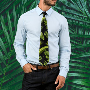 Tropical Green Leaves Black Botanical Pattern Neck Tie