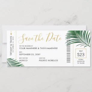 Tropical Green Leaves Boarding Pass Save Date Card