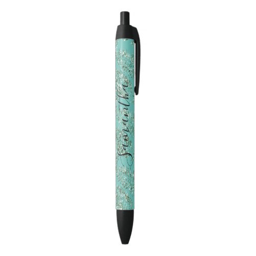 Tropical Green Leaves Glitter Personalized  Black Ink Pen