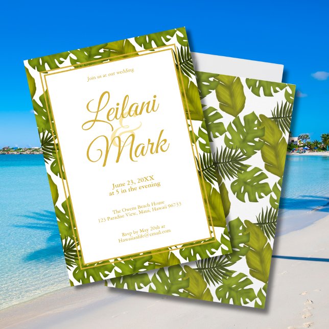 Tropical Green Leaves Gold Destination Wedding Invitation (Creator Uploaded)