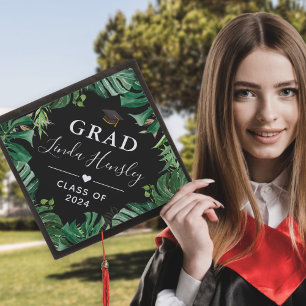 Tropical Green Leaves Graduation Cap Topper