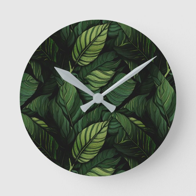 Tropical Green Leaves  Housewarming Gift Round Clock (Front)