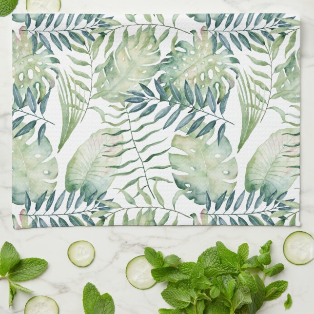 Tropical Green Leaves Kitchen Towel (Folded)