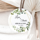 Tropical Green Leaves Love & Thanks Wedding Classic Round Sticker<br><div class="desc">This tropical green leaves love & thanks wedding classic round sticker is perfect for a simple wedding. The design features hand-painted beautiful green leaves,  adorning a gold geometric frame.</div>