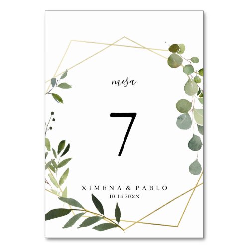 Tropical Green Leaves Mesa Spanish Wedding Table Number