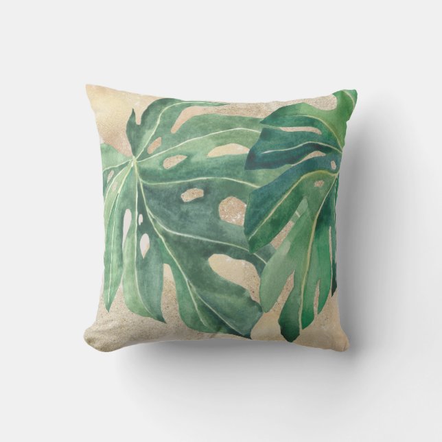 Tropical Green Leaves Monstera Gold Sand  Outdoor Pillow (Front)