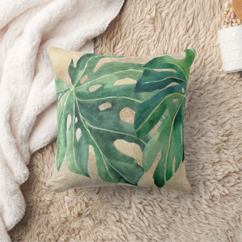 Tropical Green Leaves Monstera Gold Sand Throw Pillow