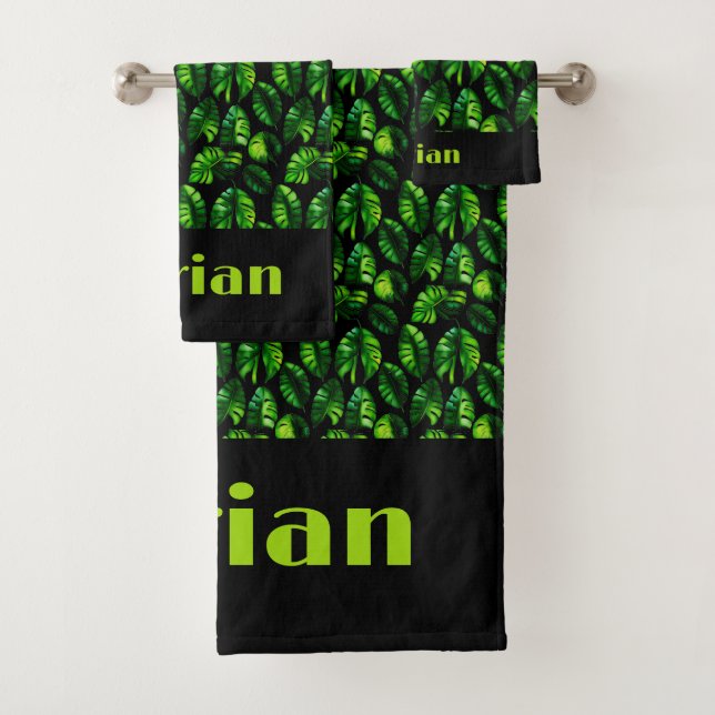 Tropical Green Leaves on Black Personalized Bath Towel Set (Insitu)