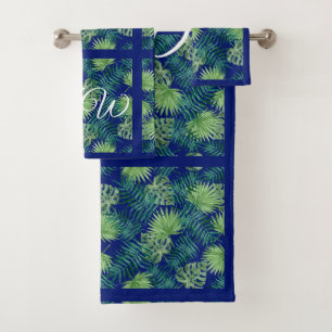 Tropical Green Leaves on Blue Bath Towel Set