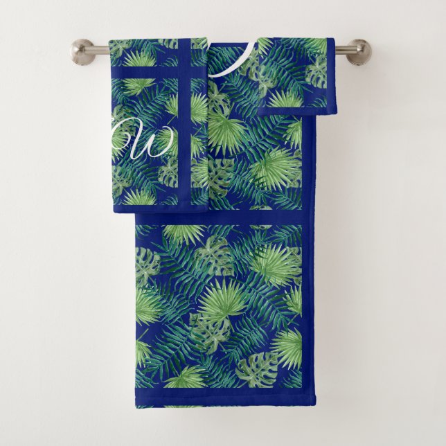 Tropical Green Leaves on Blue Bath Towel Set (Insitu)