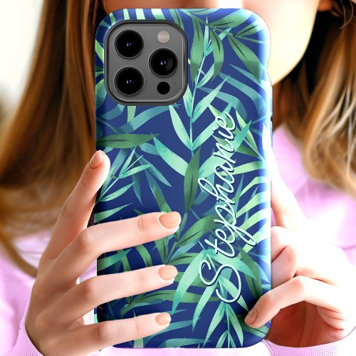 Tropical Green Leaves Personalized Name iPhone 15 Case