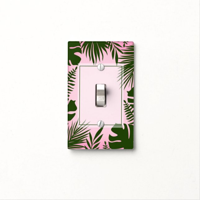Tropical Green Leaves Pink Chic Botanical Plants Light Switch Cover (In Situ)