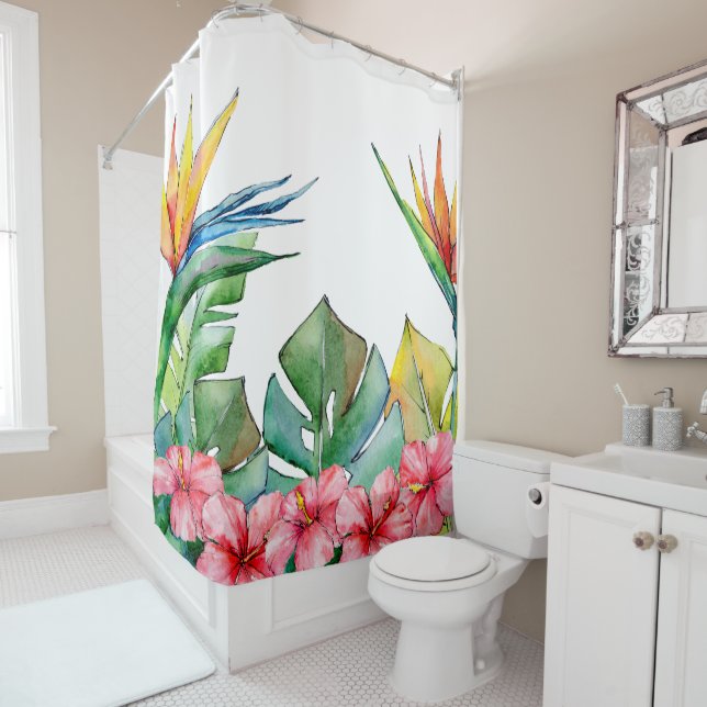 Tropical Green Leaves Pink Hibiscus Hawaii Shower Curtain (In Situ)