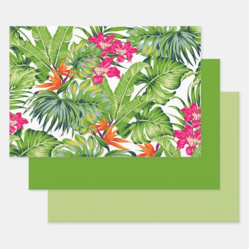 Tropical Green Leaves Pink Orange Flowers Wrapping Paper Sheets