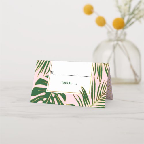 Tropical green leaves pink wedding folded escort place card