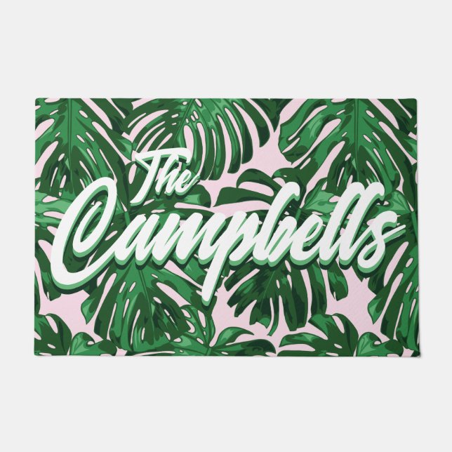 Tropical Green Leaves Script Pink Name Doormat (Front)