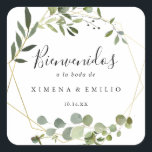 Tropical Green Leaves Spanish Wedding Welcome Square Sticker<br><div class="desc">This tropical green leaves Spanish wedding welcome square sticker is perfect for a modern wedding. The design features hand-painted beautiful green leaves,  adorning a gold geometric frame.

These labels are perfect for hotel guest welcome bags and destination weddings.</div>