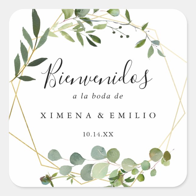 Tropical Green Leaves Spanish Wedding Welcome Square Sticker (Front)
