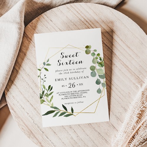 Tropical Green Leaves Sweet Sixteen Birthday Party Invitation