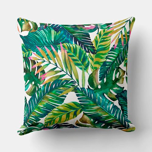 Tropical green leaves Throw Pillow 