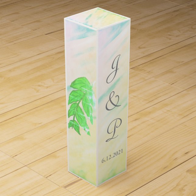 Tropical Green Leaves Watercolor Monogram Wine Box (Front)