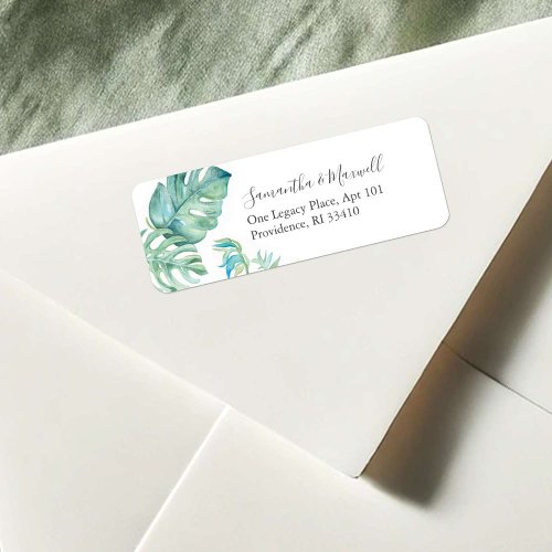 Tropical Green Leaves Watercolor Return Address Label