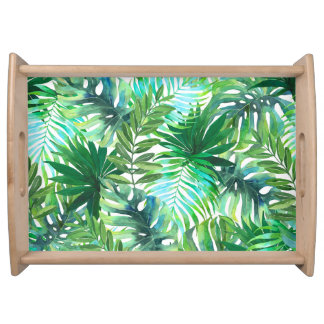 Tropical Green Leaves, Watercolor Seamless. Serving Tray