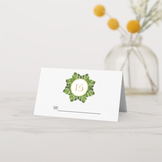 Tropical green leaves wedding folded escort place place card (Front)