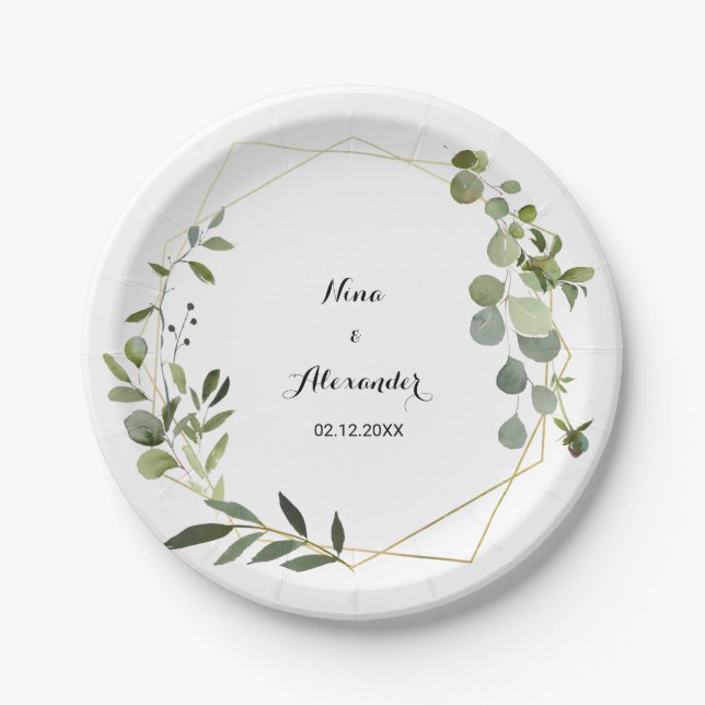 Tropical Green Leaves Wedding Paper Plates (Front)