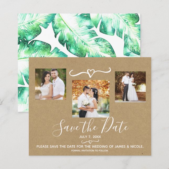 Tropical Green Leaves Wedding Photo Save the Date (Front/Back)