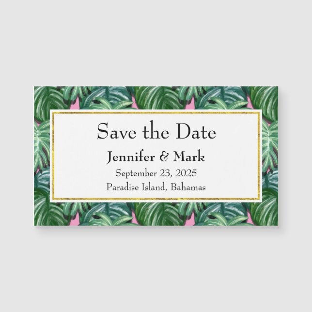 Tropical Green Leaves Wedding Save the Date (Front)